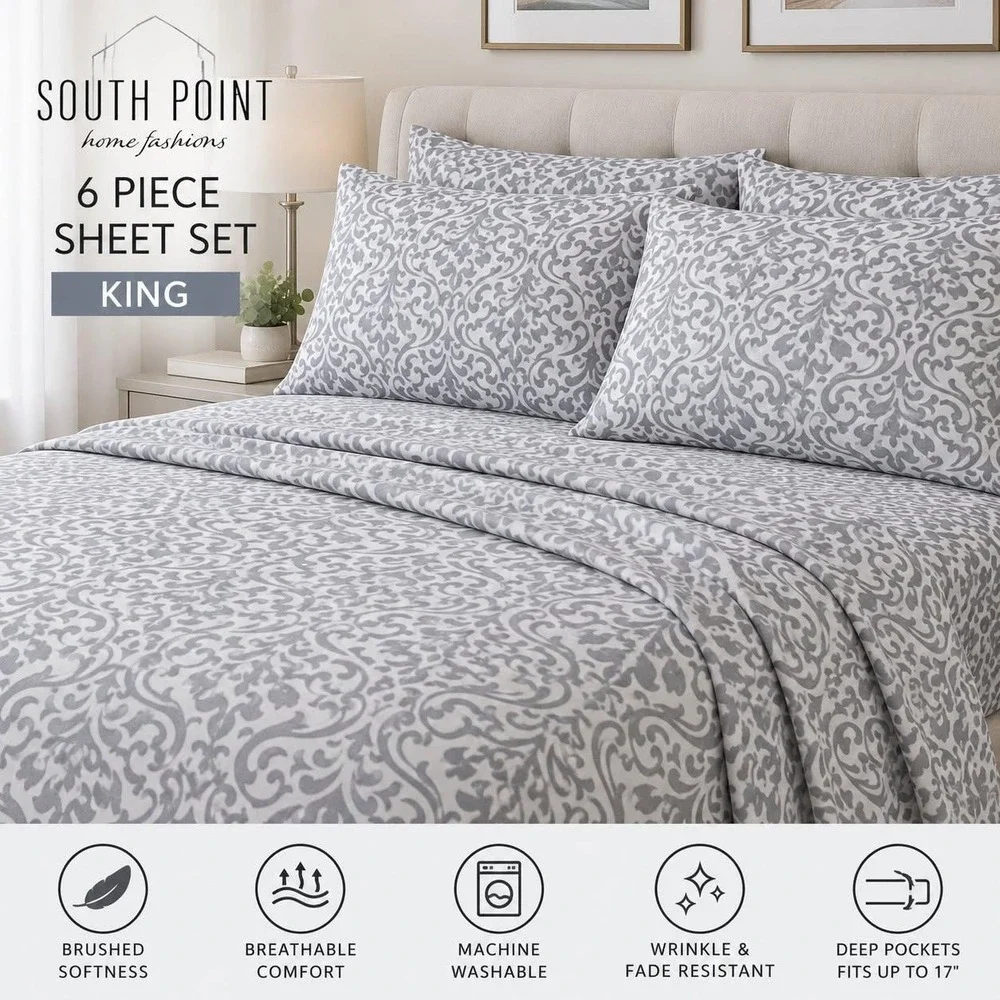 South Point Home Fashions King 3pc Damask Gray White Sheet Set, 1 Sham